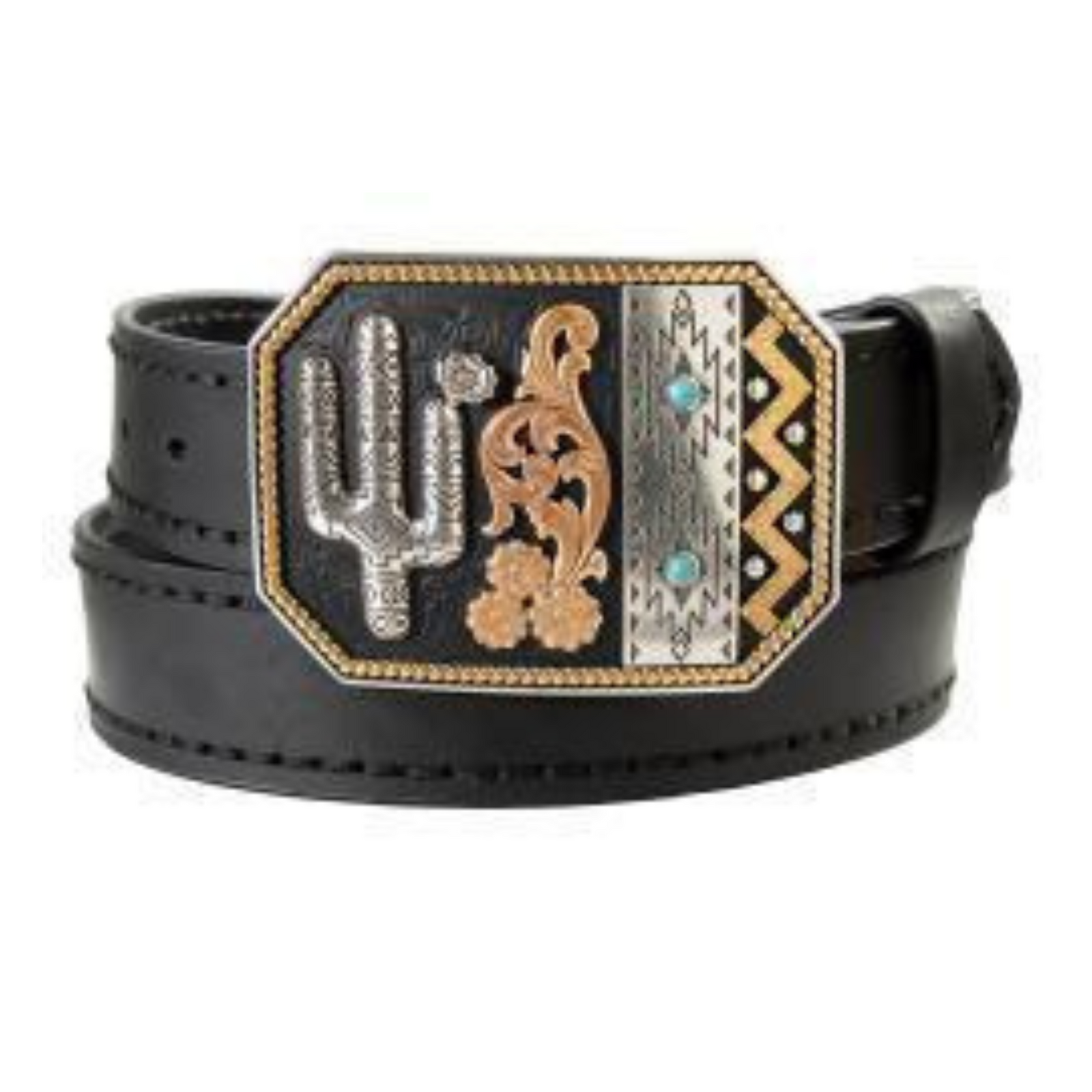 Nocona Women's Cactus Buckle Western Belt. Black belt with a decorative buckle featuring a cactus design on a white background