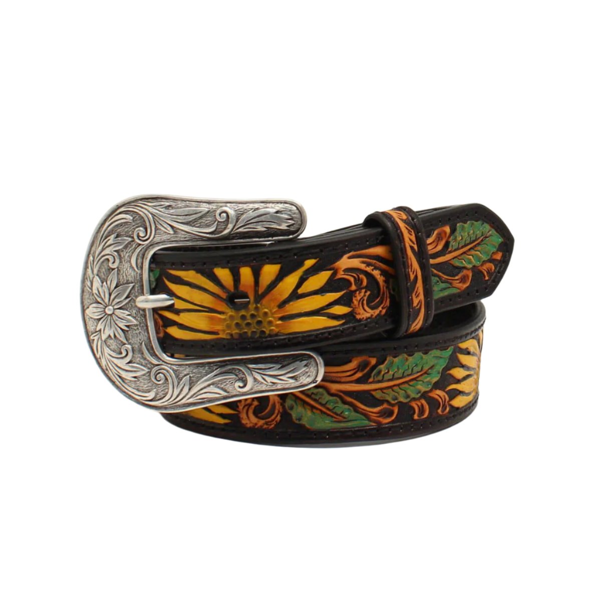 Nocona Girl's Sunflower Tooled Western Belt. A girl's belt with a tooled leather design featuring a sunflower and vine pattern, and a removable buckle.