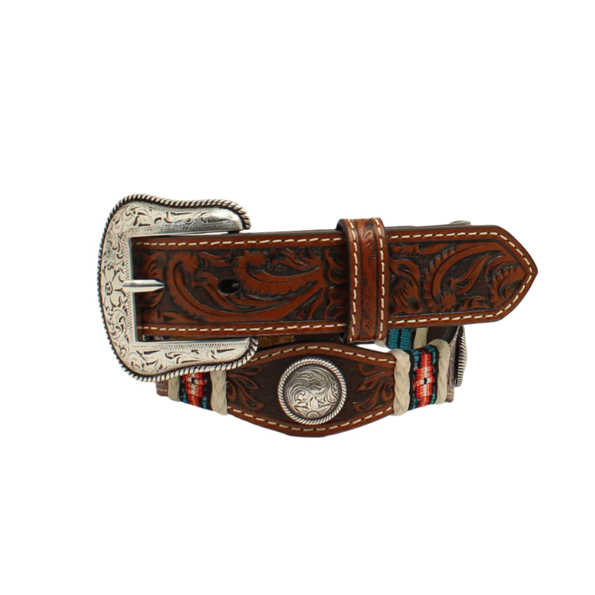 Nocona Boy's Floral Embossed Belt. A Nocona boy's belt with floral embossed pattern and a silver-tone removable buckle.