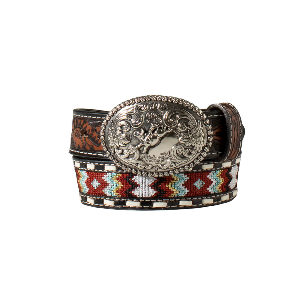 Nocona Boy's Embroidered Inlay Western Belt. A Nocona boy's belt with genuine leather, multicolor embroidered inlay, and a silver trophy buckle with floral engraving.