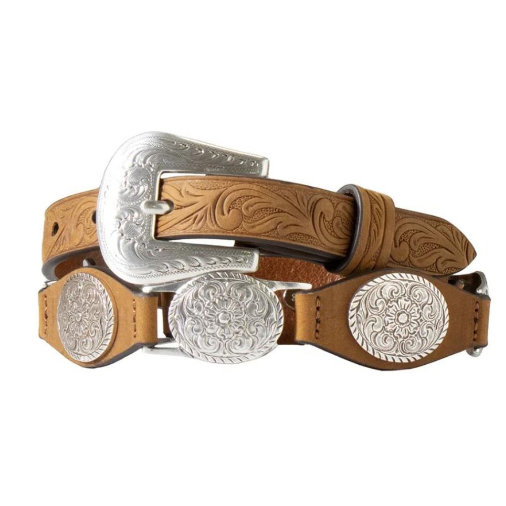 Nocona Girl's Concho Western Belt. A brown Nocona girl's western belt with floral embossed tabs and engraved silver conchos, featuring a shiny silver scrolling engraved buckle.