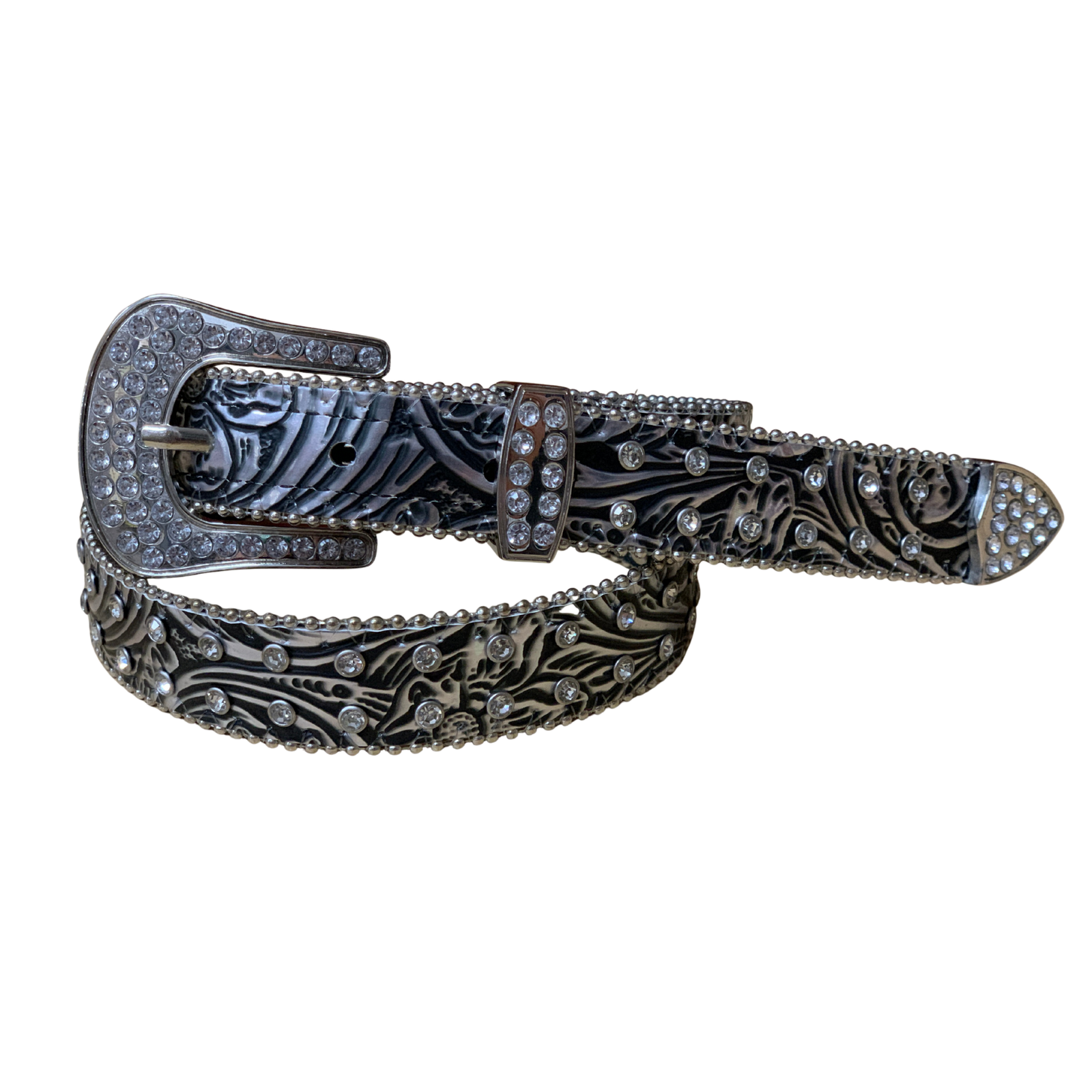 Nocona Girl's 1" Floral Crystals Western Belt. Decorative belt with intricate design and sparkling stones on a white background