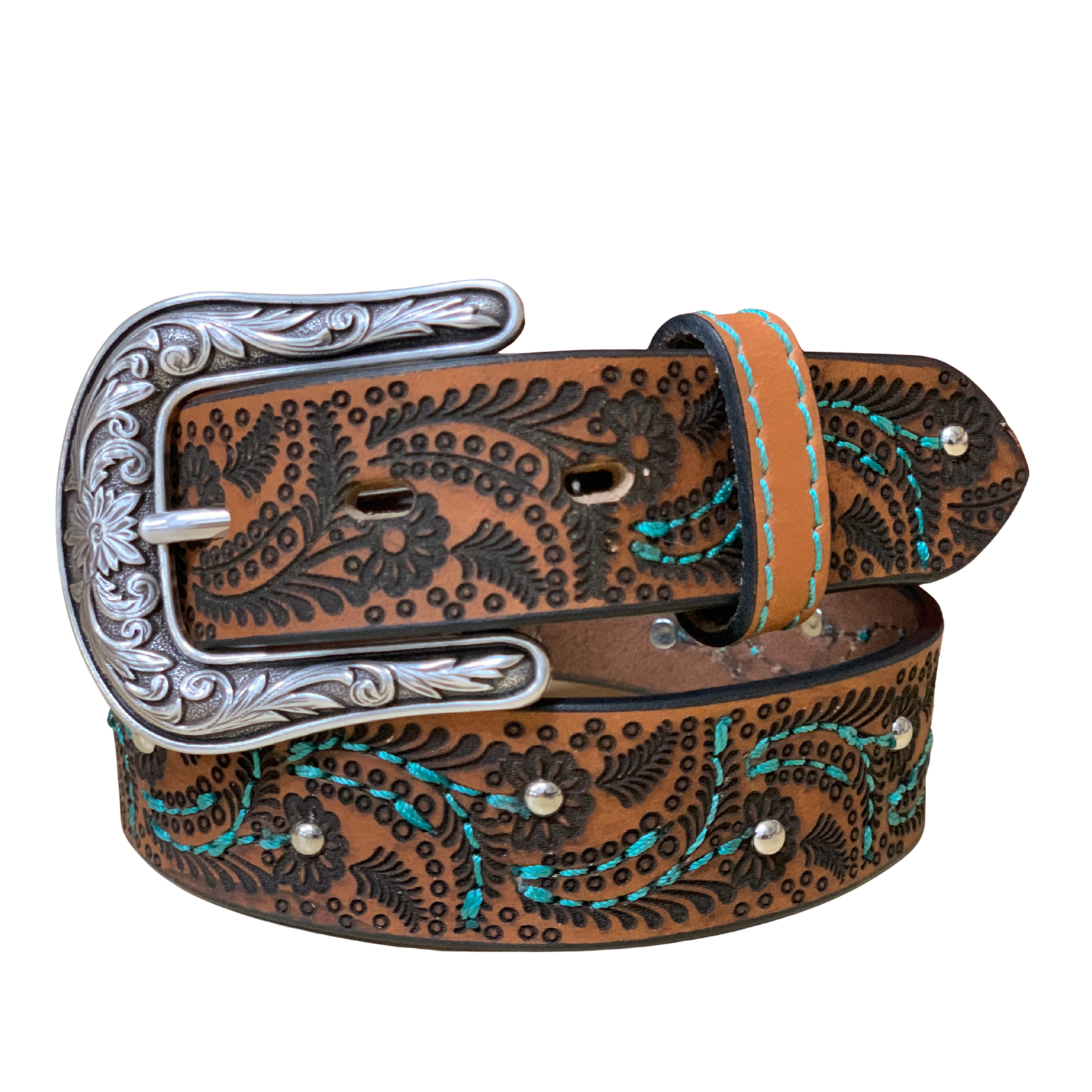 Nocona Girls 1 1/4" Turquoise Stitch Paisley Western Belt