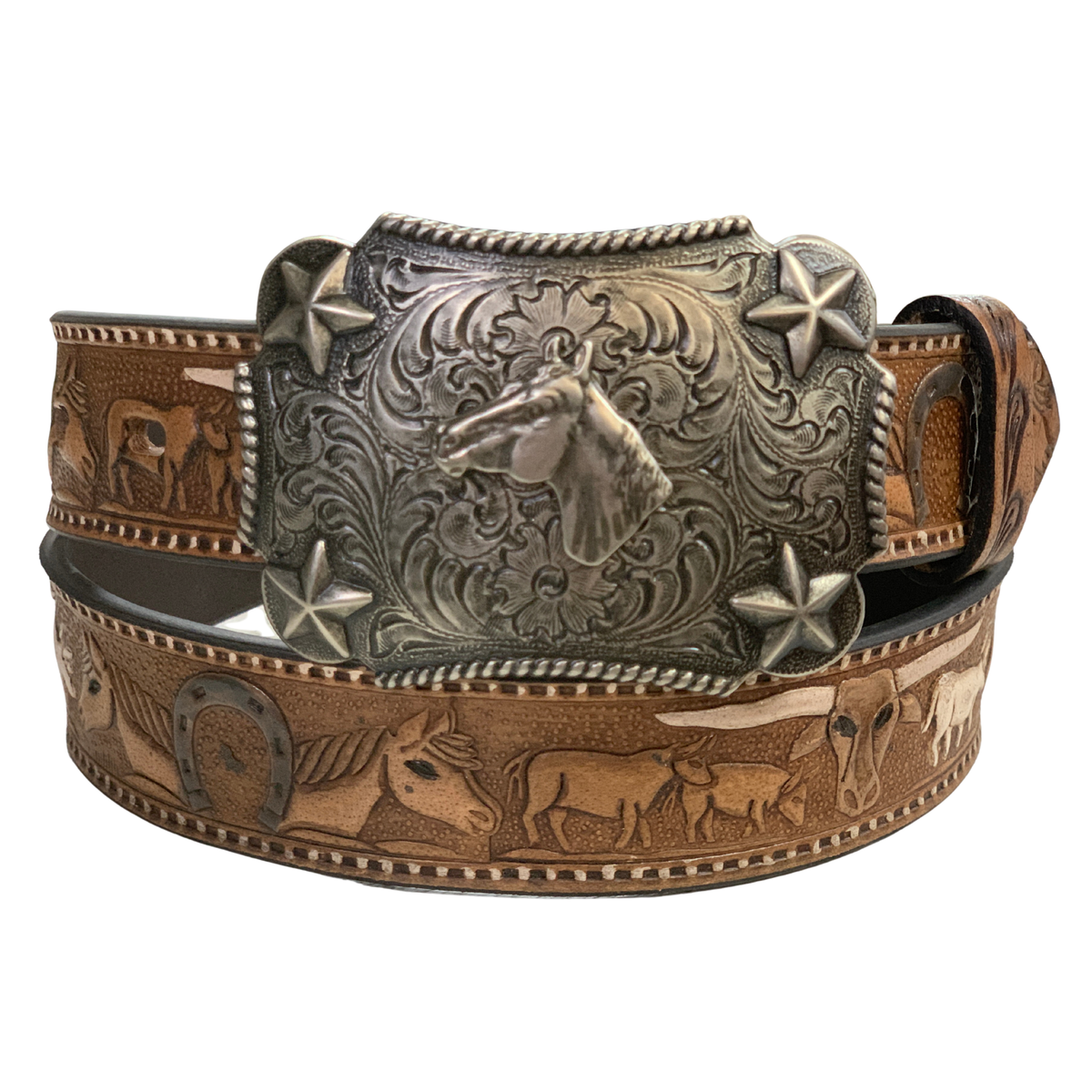 Nocona Girl&#39;s 1 1/4&quot; Longhorns Horses Western Belt. Decorative belt with horse and star design on a white background