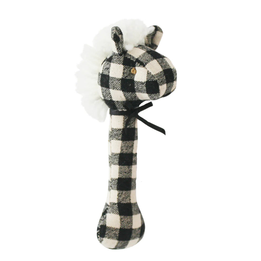 Alimrose Horse Stick Rattle Black Check. Checkered dog toy with a white paw on a white background