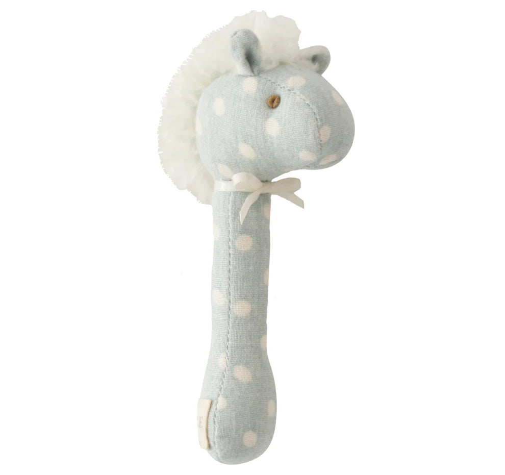 Alimrose Horse Stick Rattle Duck Egg Blue. Plush toy rattle with horse design on a white background
