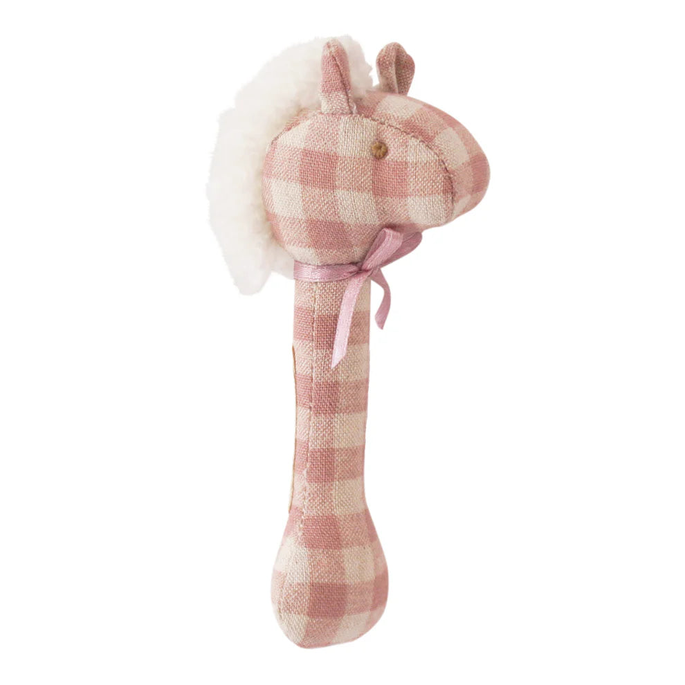 Alimrose Horse Stick Rattle Rose Check. Pink checkered plush toy with a white bow on a white background