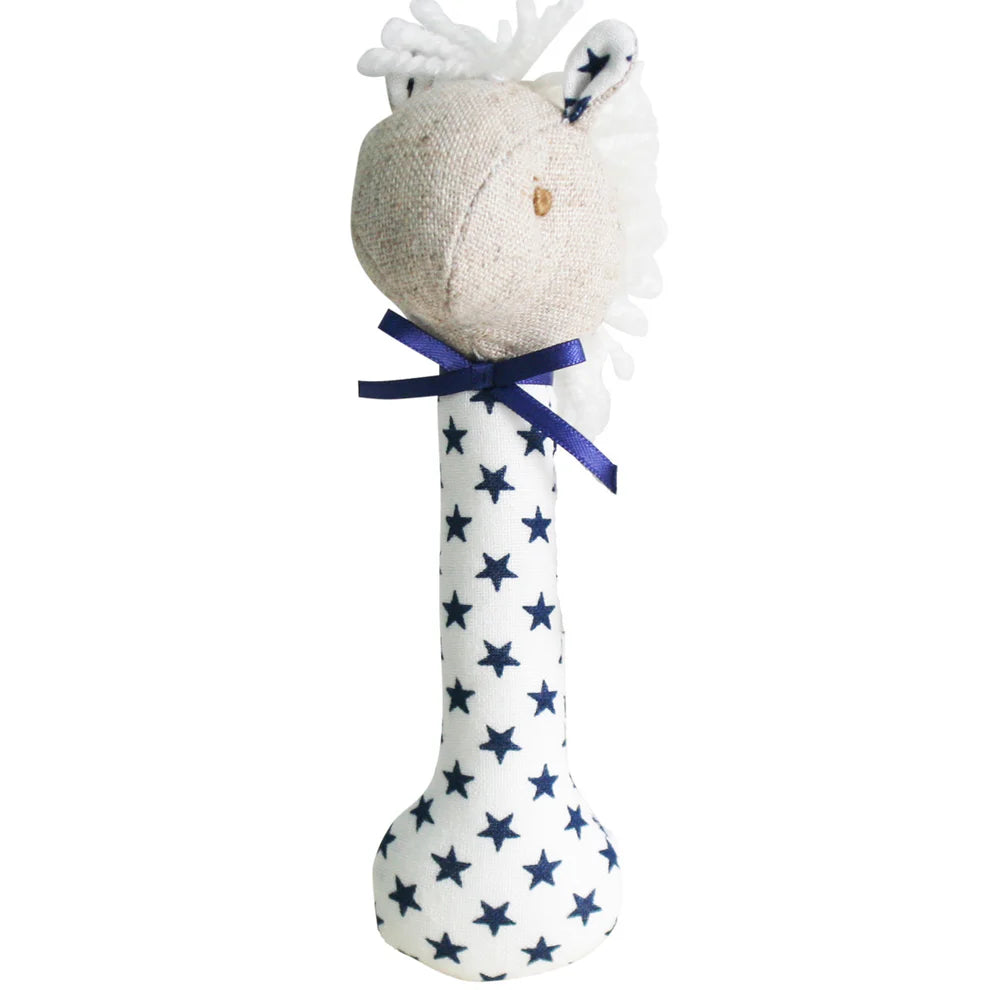 Alimrose Horse Stick Rattle White Navy Star. Stuffed toy with a blue star pattern on a white background