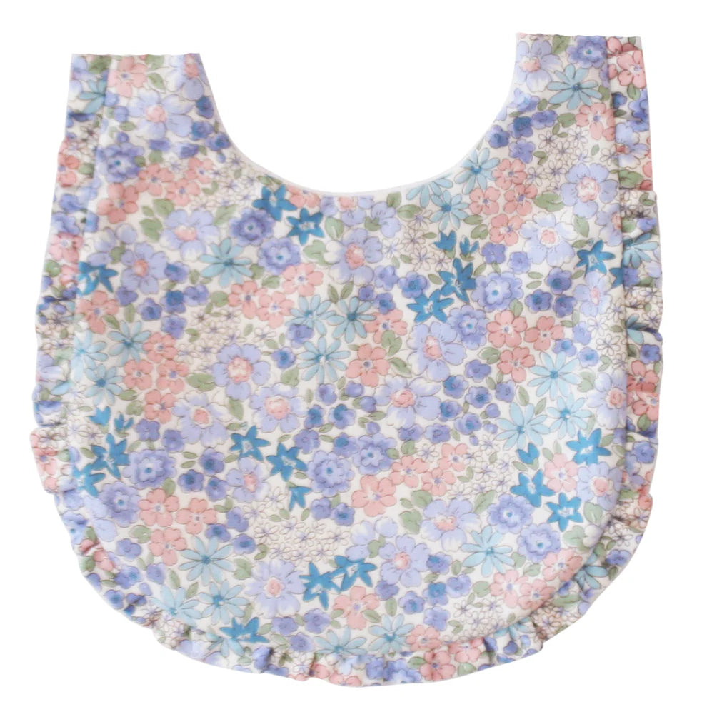 Title
Alimrose Ruffle Edge Bib Liberty Blue
. Floral-patterned baby bib on a white background