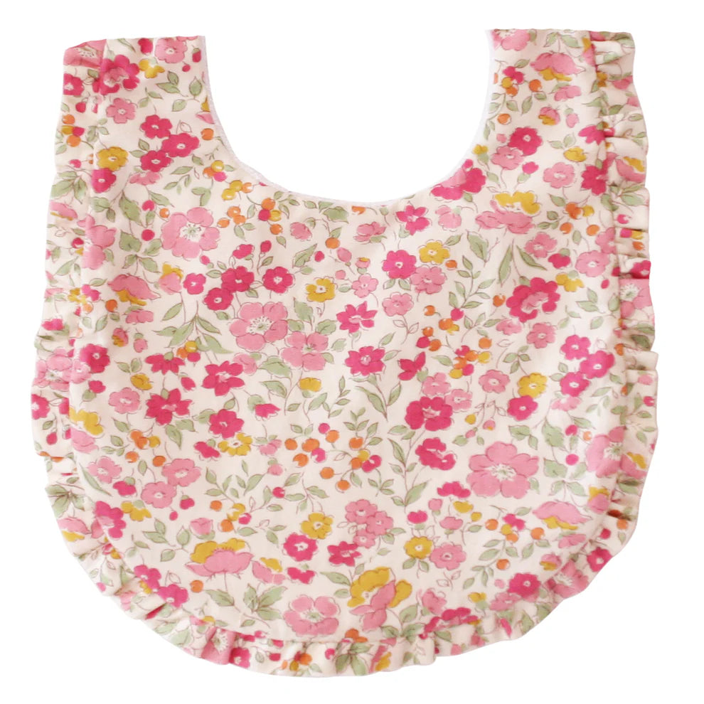 Alimrose Ruffle Edge Bib Rose Garden. Floral-patterned bag on a white background