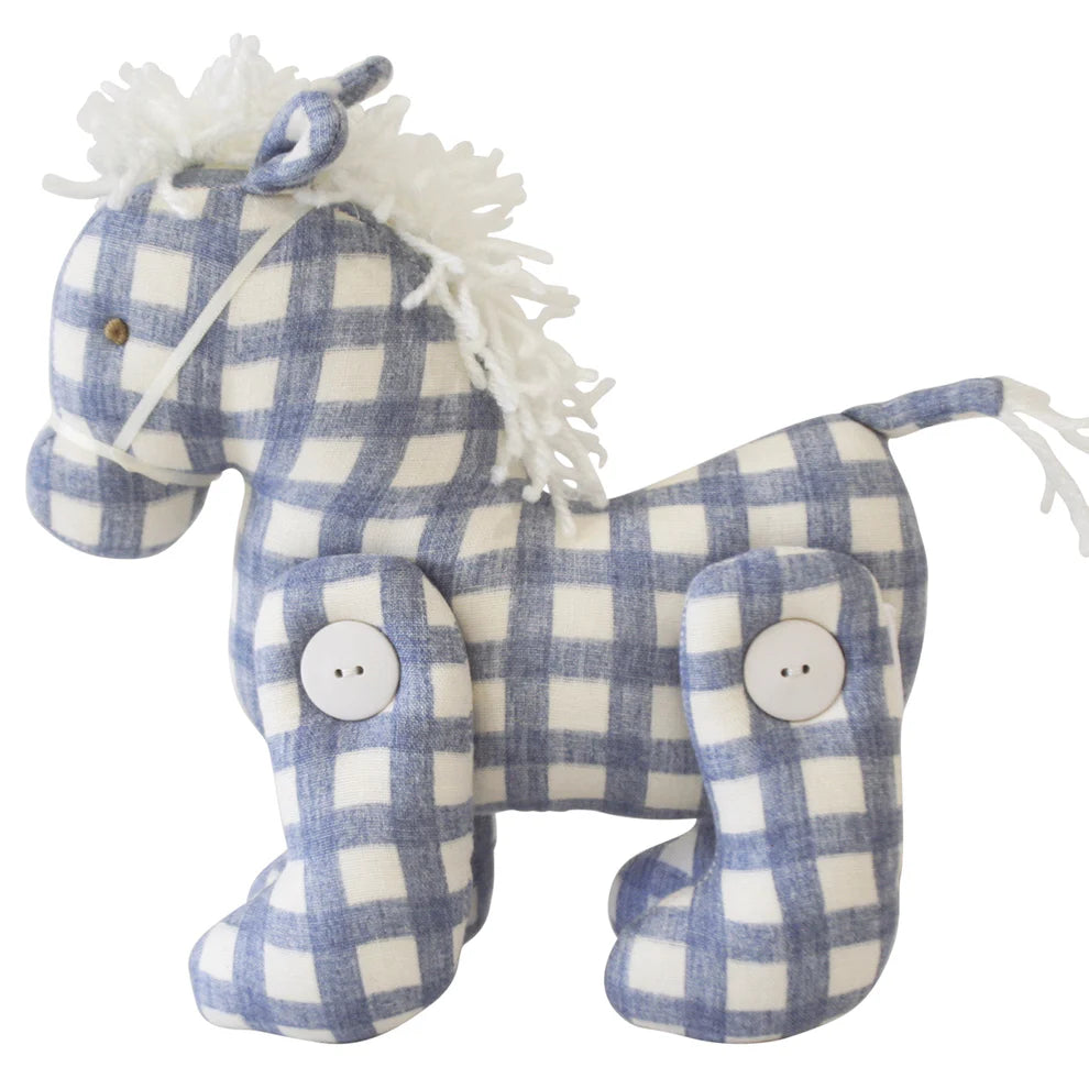 Plush toy horse with blue and white checkered pattern on a white background