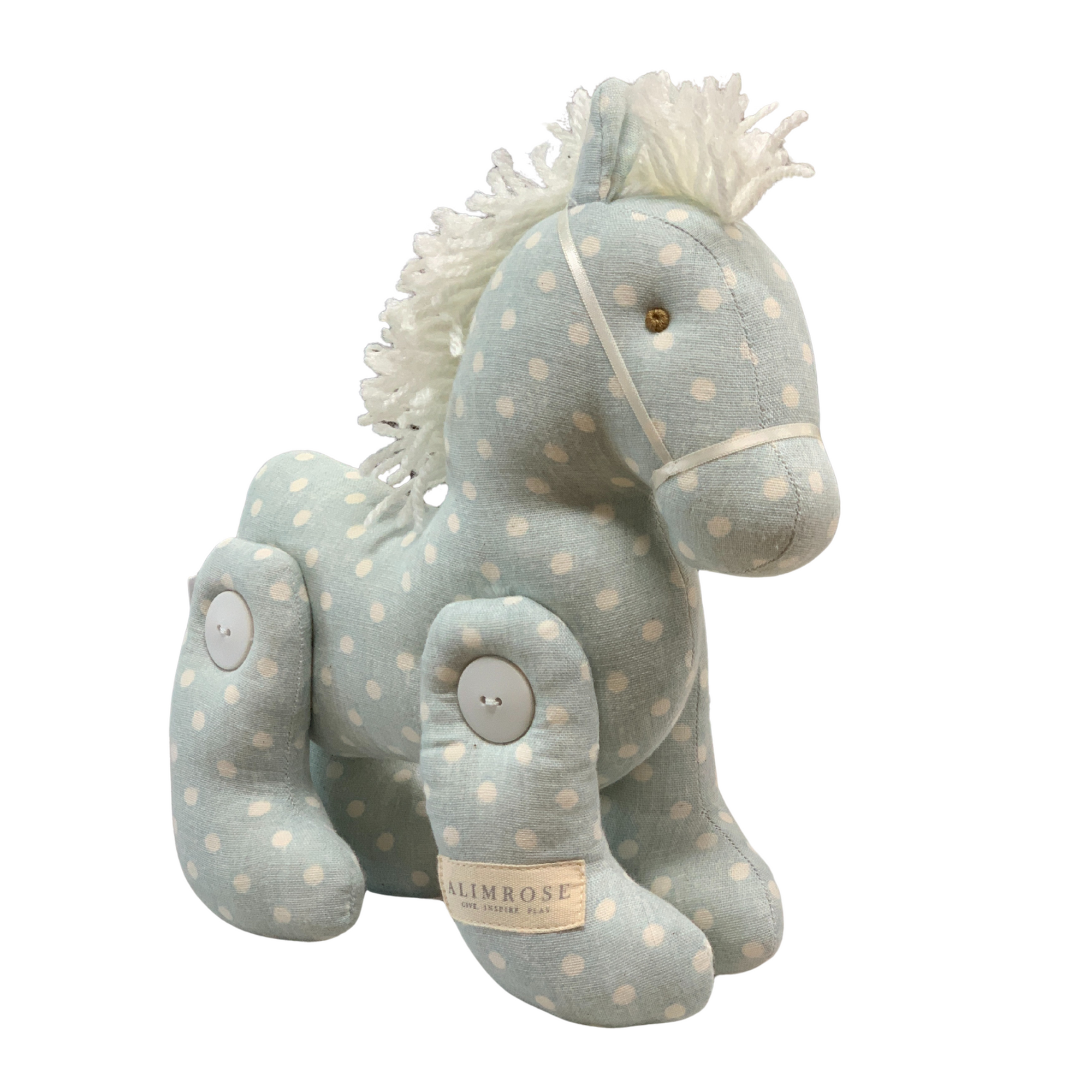 Alimrose Jointed Pony 22cm Duck Egg Blue Spot. Plush horse toy with polka dot pattern on a white background