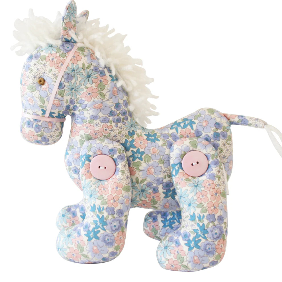 Alimrose Jointed Pony 22cm Liberty Blue. Floral-patterned plush horse toy on a white background