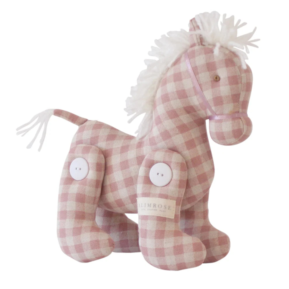 Alimrose Jointed Pony 22cm Rose Check. Plush toy horse with pink and white checkered pattern on a white background