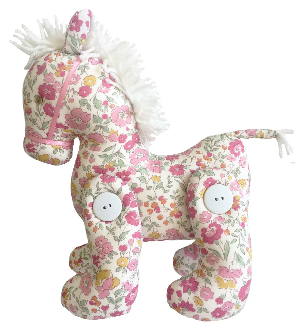 Alimrose Jointed Pony 22cm Rose Garden. Floral-patterned plush horse toy on a white background
