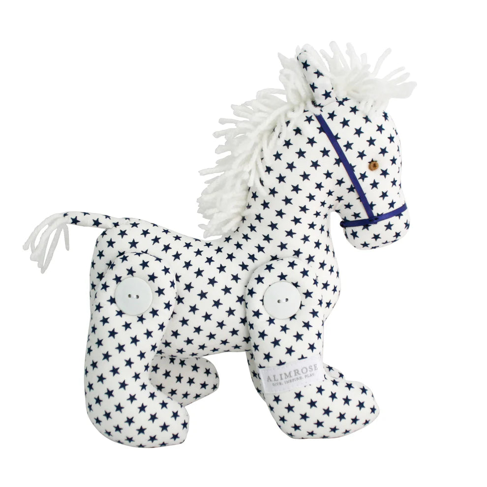 Alimrose Jointed Pony 22cm White Navy Star. Plush horse toy with star pattern on a white background