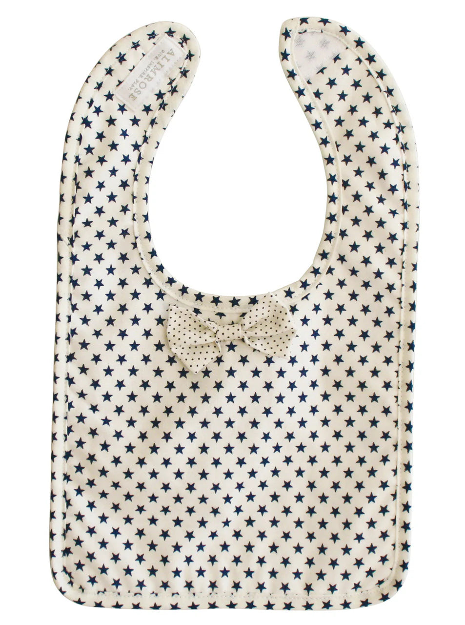 Alimrose Bow Tie Bib White Navy Star. Folded bib with star pattern on a white background