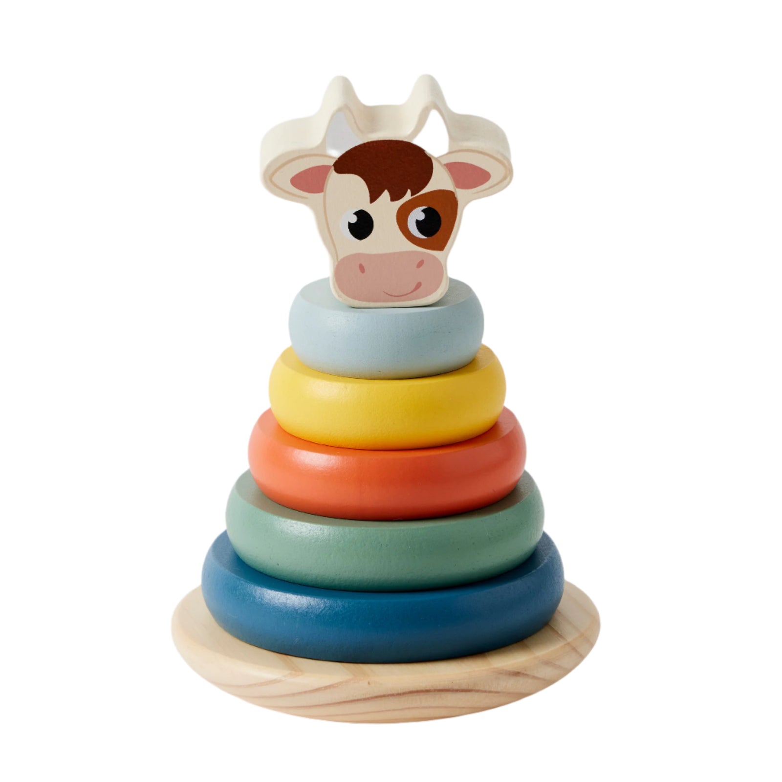 Cow Tower Rings. A wooden stacking toy consisting of a cow figure on top of a tower of colorful rings.