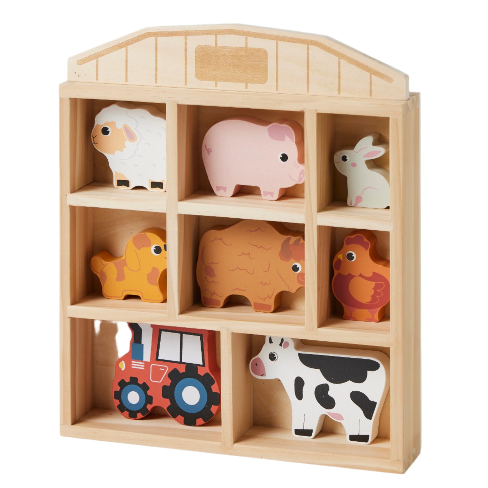 Farm Fun Animals Set. A set of farm animals including a pig, sheep, chicken, cow, and a tractor, stored in a wooden farmhouse-shaped display.