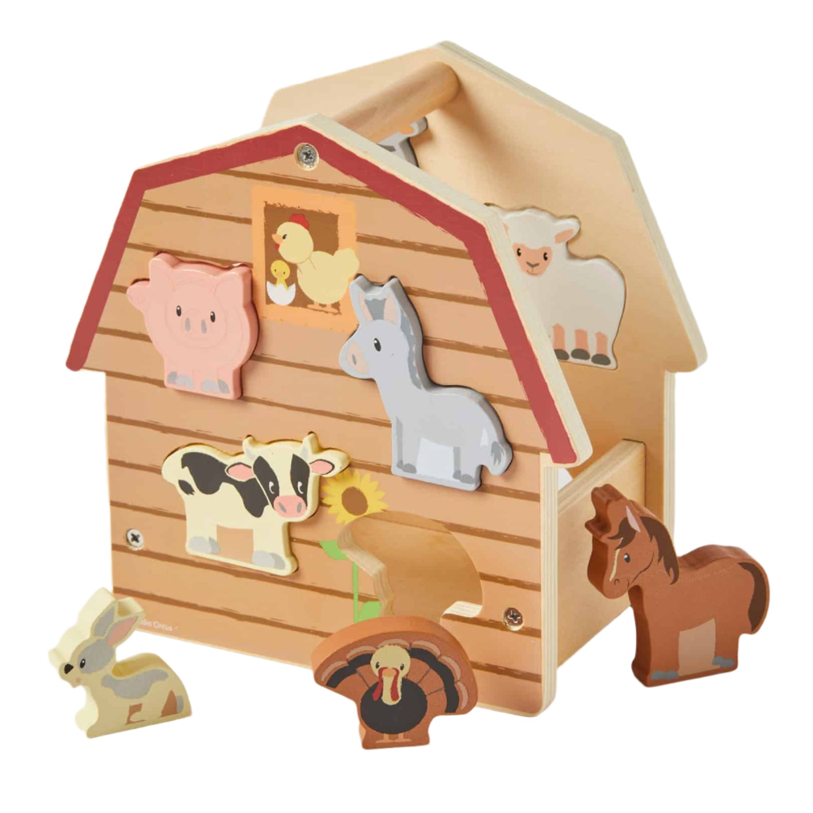 Animal Farm House. Wooden farm animal house with various painted animal cutouts including a cow, a pig, a chicken, a dog, a horse, and a duck, along with movable animals in front.