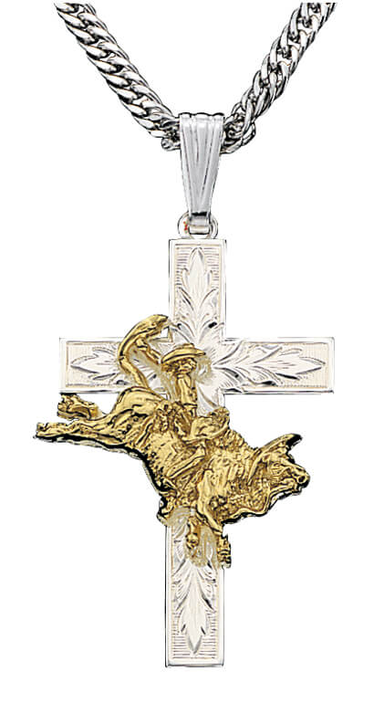 Montana Silversmiths Bullrider Cross Necklace. A silver cross necklace with a gold bull riding figure on a chain.
