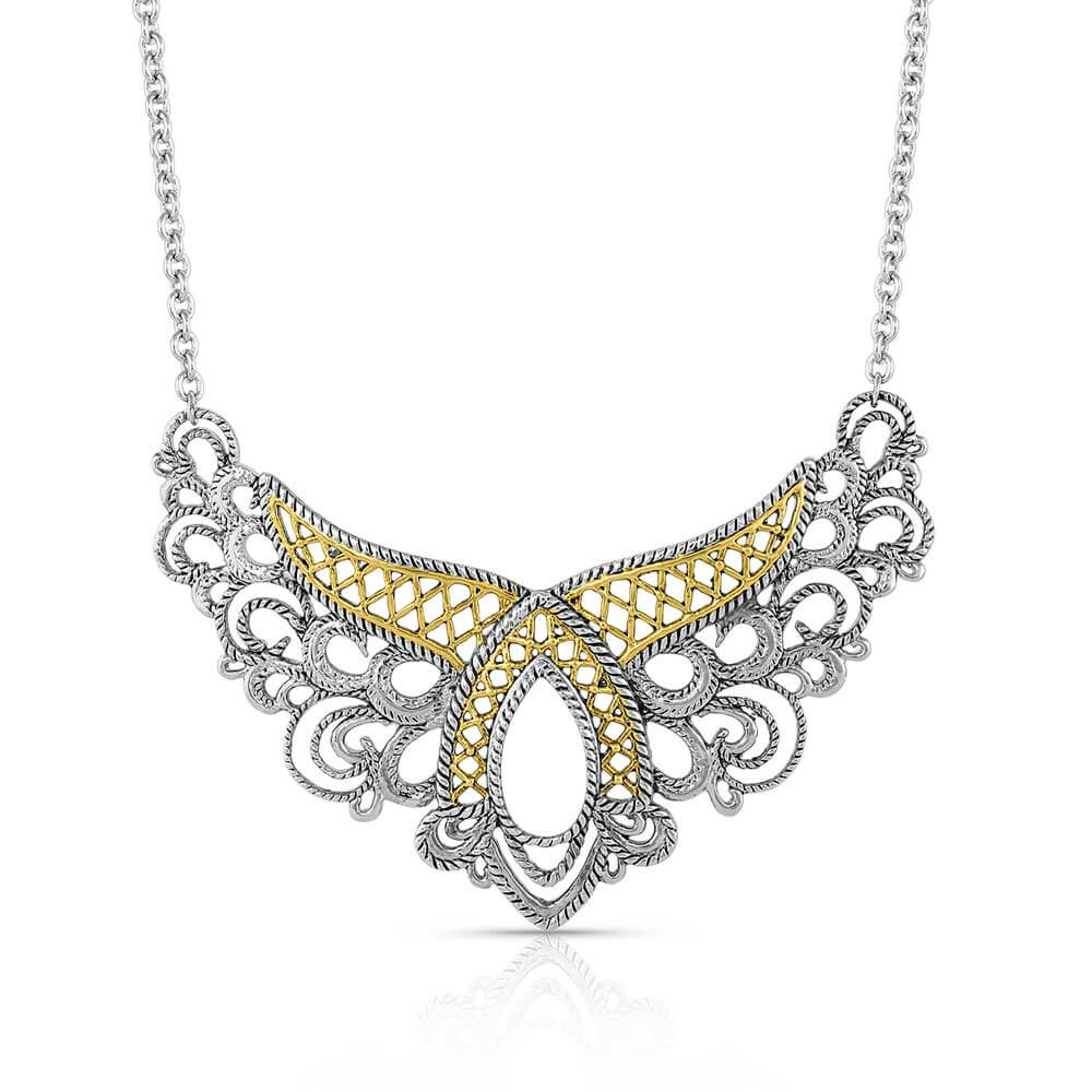 Montana Silversmiths Chantilly Western Lace Necklace, A silver-toned Chantilly Western Lace Necklace with gold-finished accents, displayed against a white background.