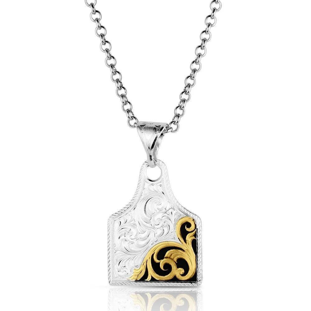 Necklace with a silver and gold pendant on a white background