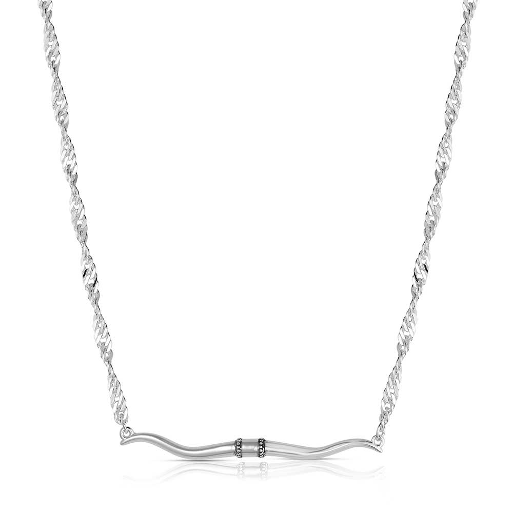 Silver necklace with a unique pendant on a white background