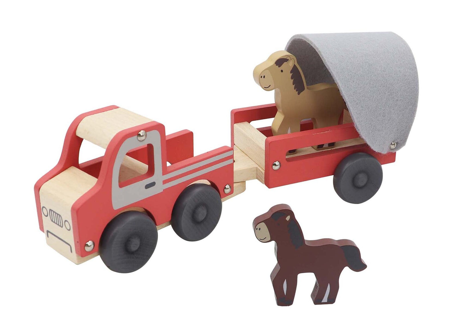 A wooden toy truck with a horse float and two horses, one visible on the float and one in front of the truck. The truck is red with gray accents, and the horses are painted in brown and beige tones.
