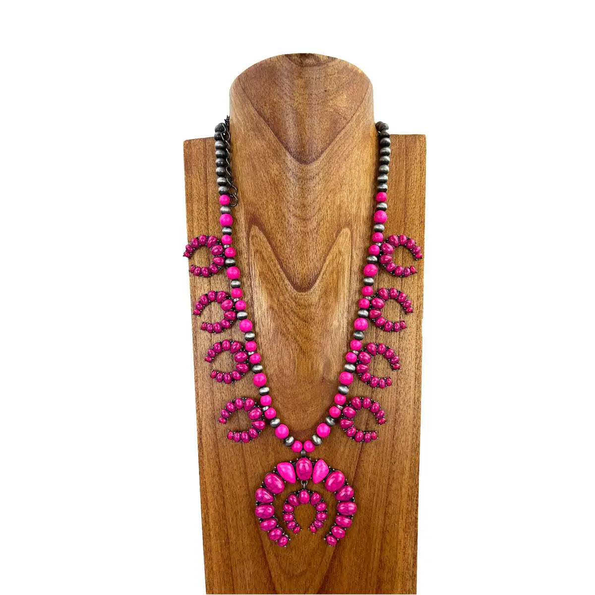 Montana West Squash Blossom Necklace with silver Navajo pearl beads and a large squash blossom stone pendant, displayed on a wooden mannequin.