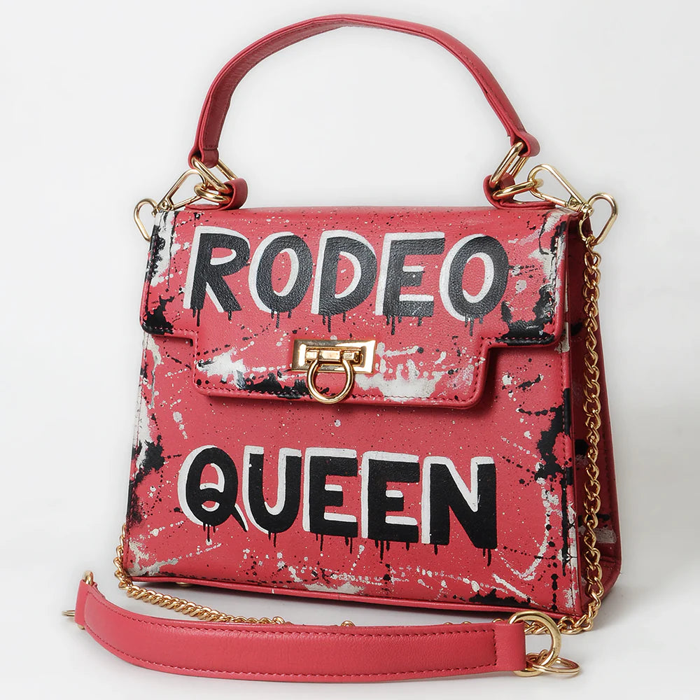 American Darling Rodeo Queen Statement Western Bag. Pink handbag with &#39;Rodeo Queen&#39; text on a white background