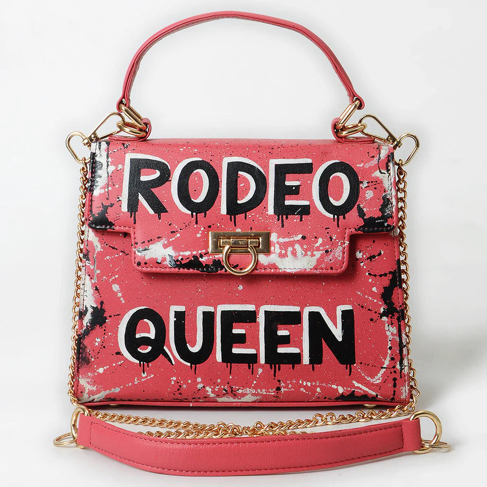 American Darling Rodeo Queen Statement Western Bag. Pink handbag with 'Rodeo Queen' text on a white background