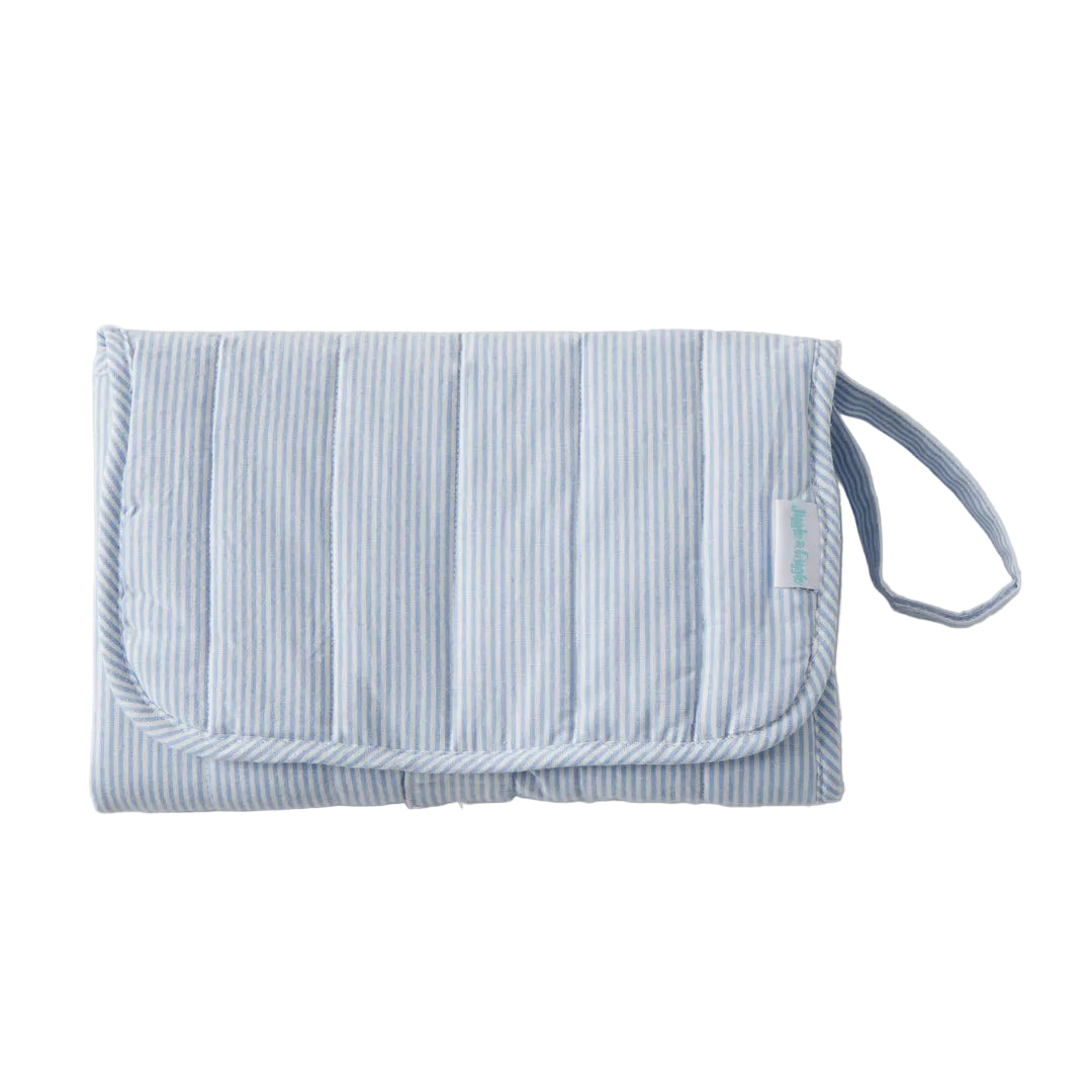 Blue striped pouch on a light gray background