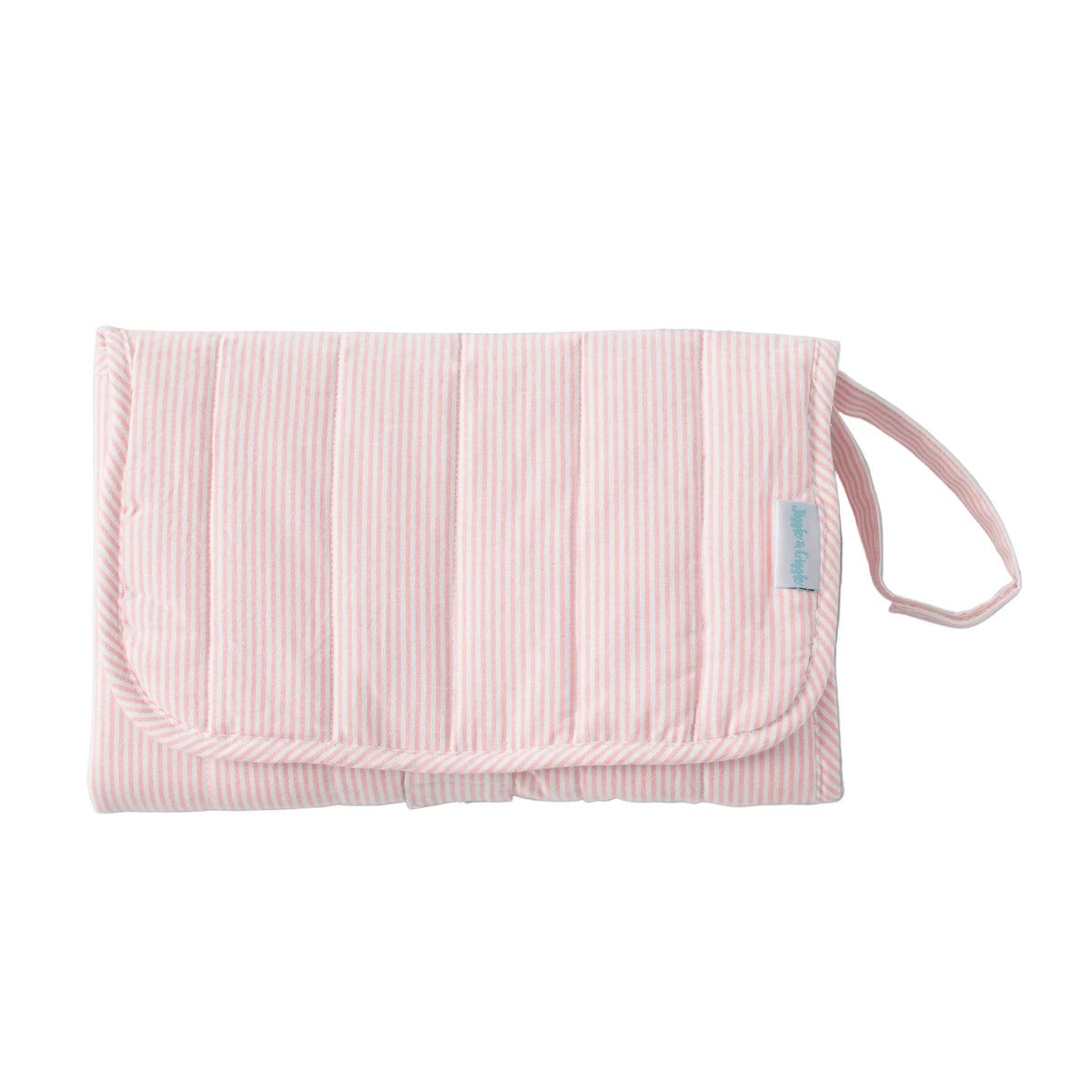 Pink striped pouch with a strap on a gray background