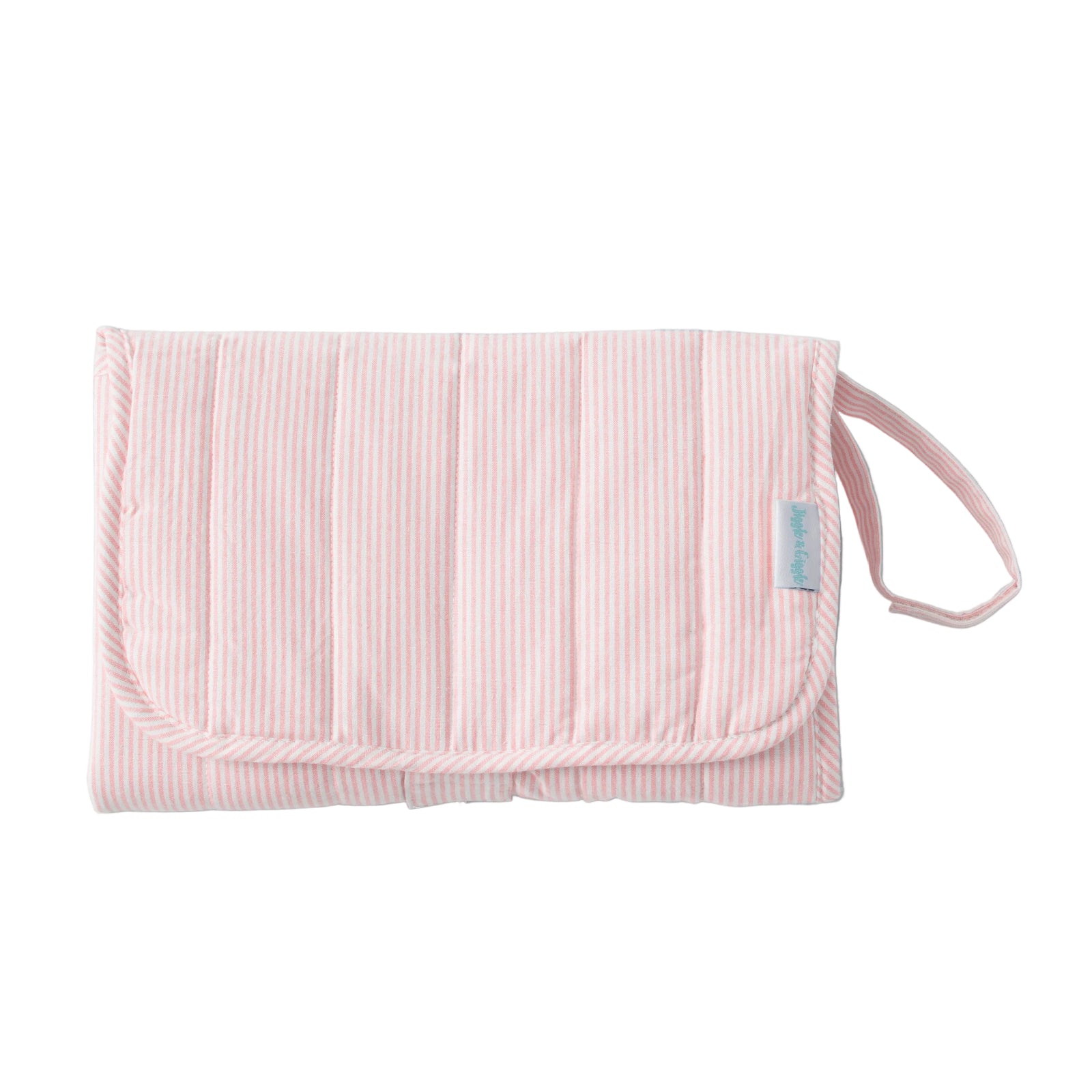 Pink striped pouch with a strap on a gray background