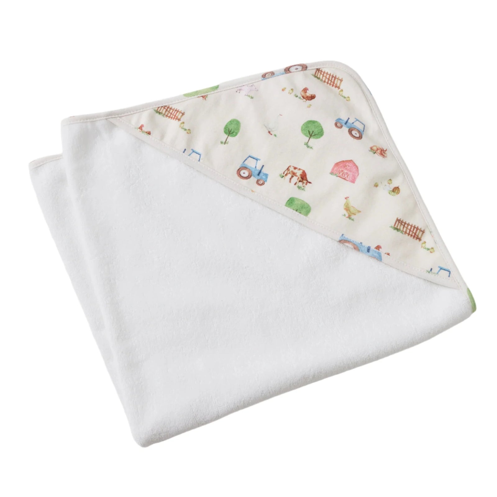 Jiggle & Giggle Barnyard Printed Jersey Hooded Towel. Folded fabric with farm-themed pattern on a white background