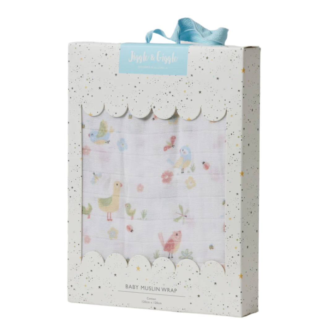 Jiggle & Giggle Birdy Muslin Wrap. Packaged baby muslin wrap with bird design on a white background
