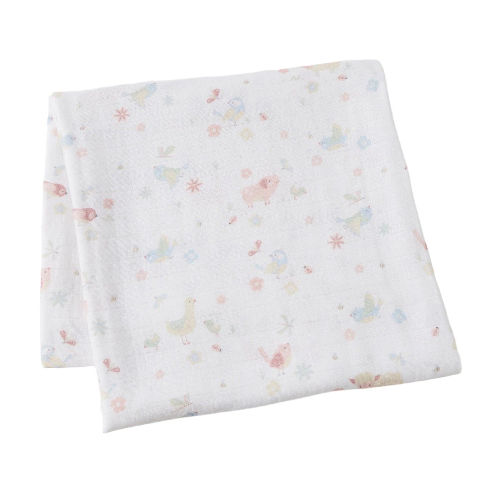 Jiggle & Giggle Birdy Muslin Wrap. Two folded baby blankets with a pastel animal pattern on a light gray background