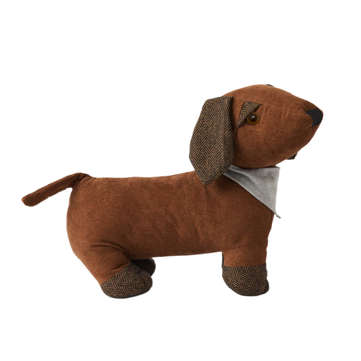 Dolly Door Stop. Brown dachshund plush toy on a white background