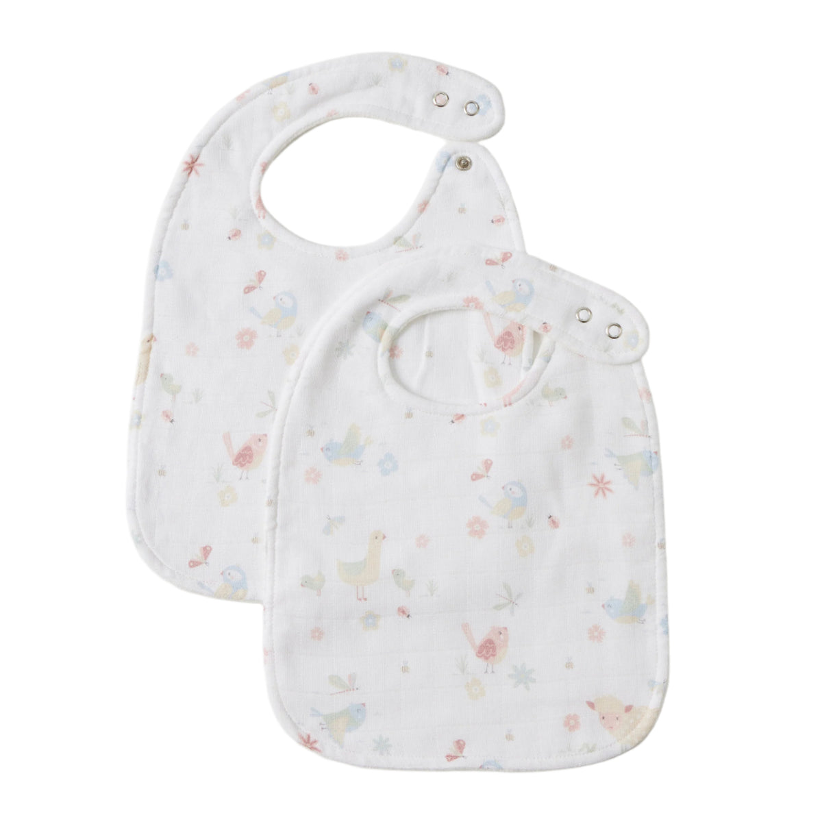 Jiggle &amp; Giggle Birdy Muslin Bib Set of 2. Two baby bibs with a floral pattern on a white background