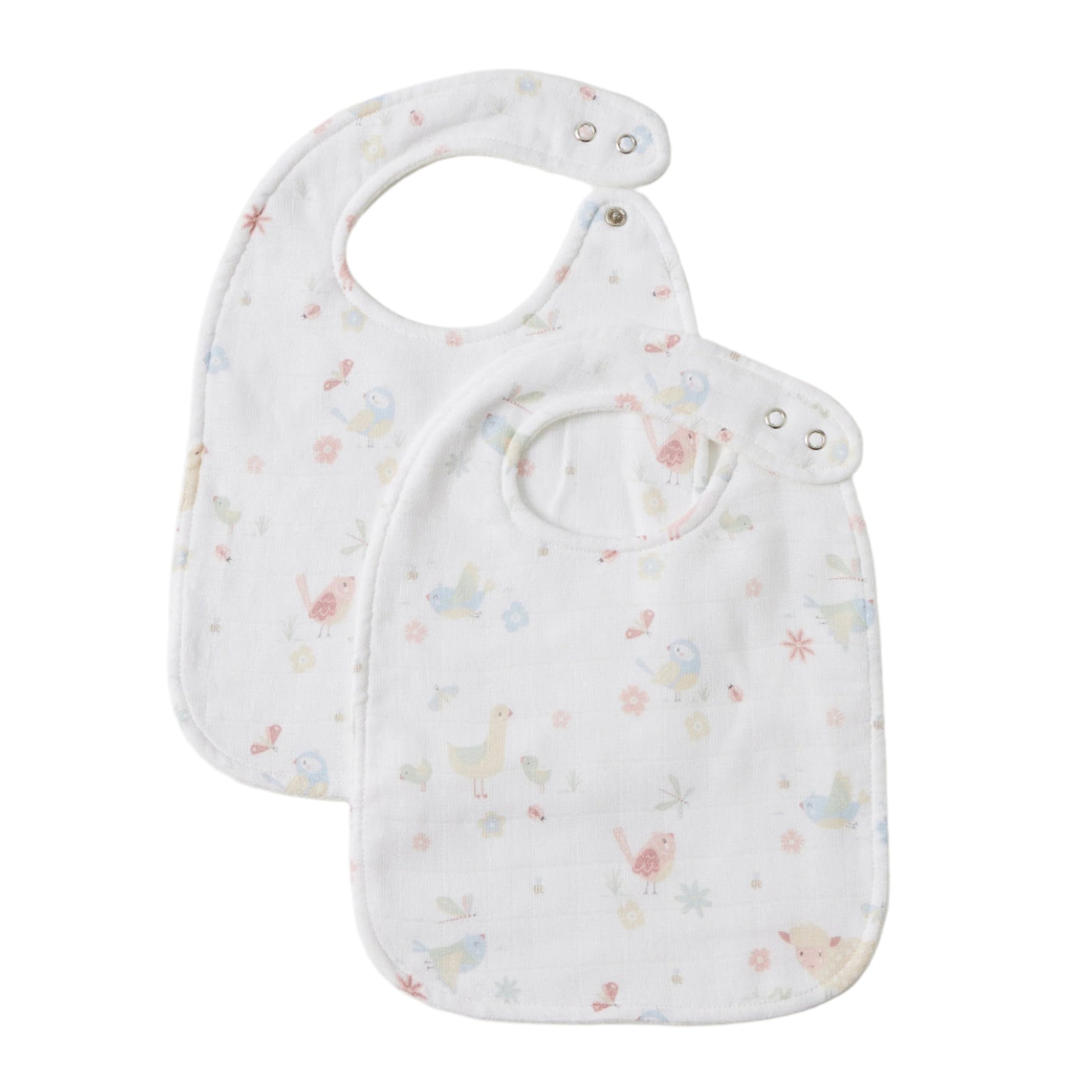 Jiggle & Giggle Birdy Muslin Bib Set of 2. Two baby bibs with a floral pattern on a white background