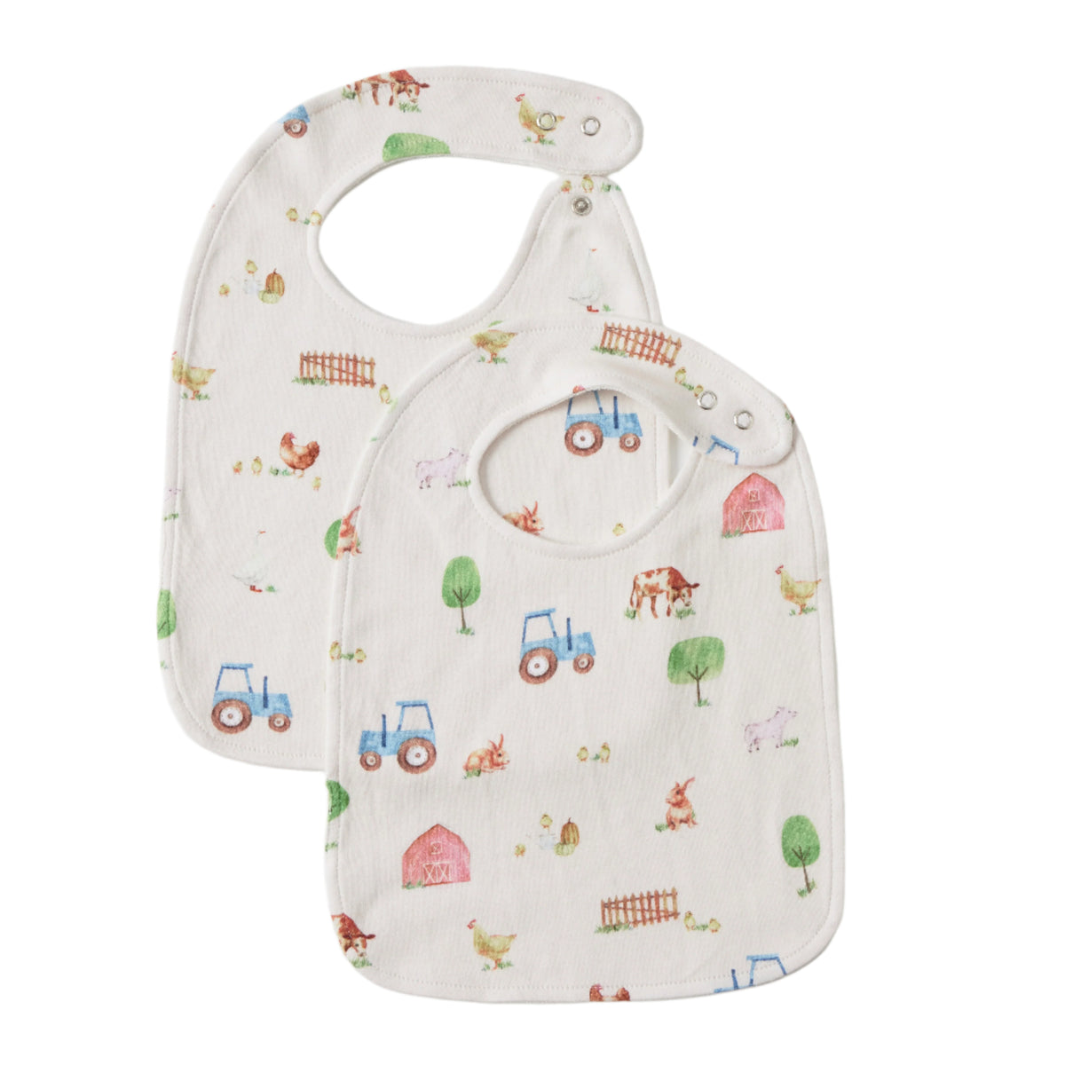 Jiggle &amp; Giggle Barnyard Babies Bib Set of 2Two baby bibs with farm-themed designs on a light gray background 