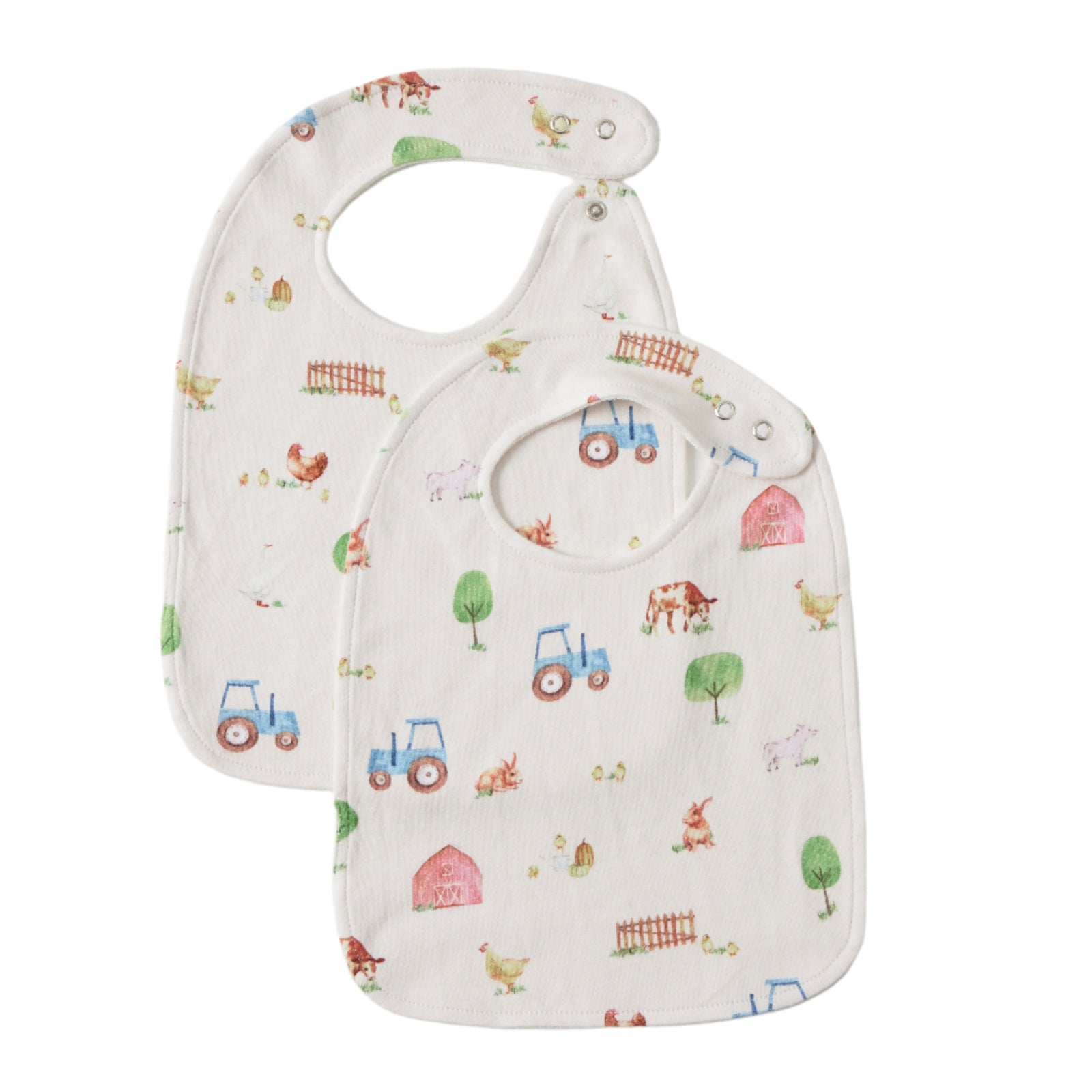 Jiggle & Giggle Barnyard Babies Bib Set of 2Two baby bibs with farm-themed designs on a light gray background 