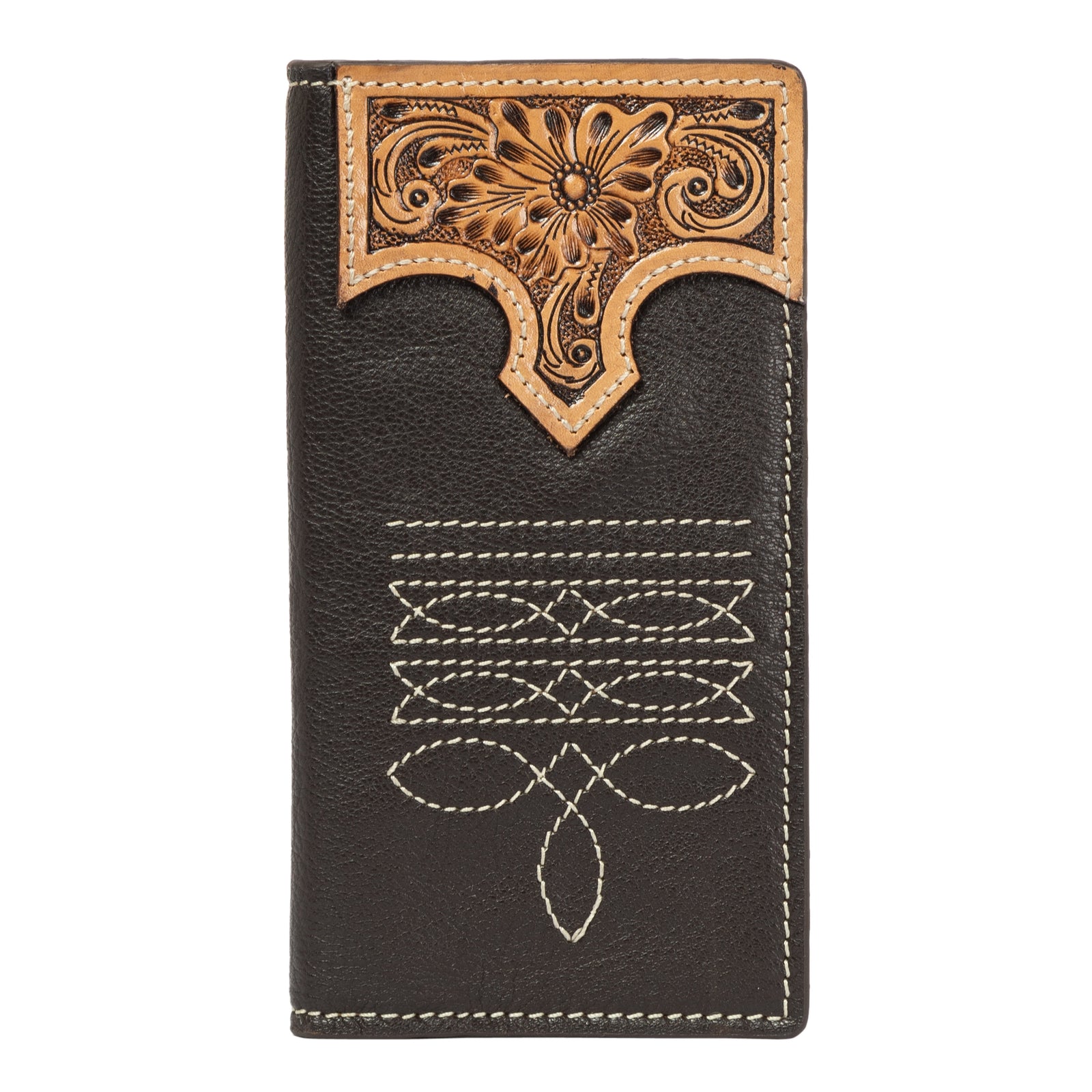 Black leather wallet with floral tooled leather flap on a white background