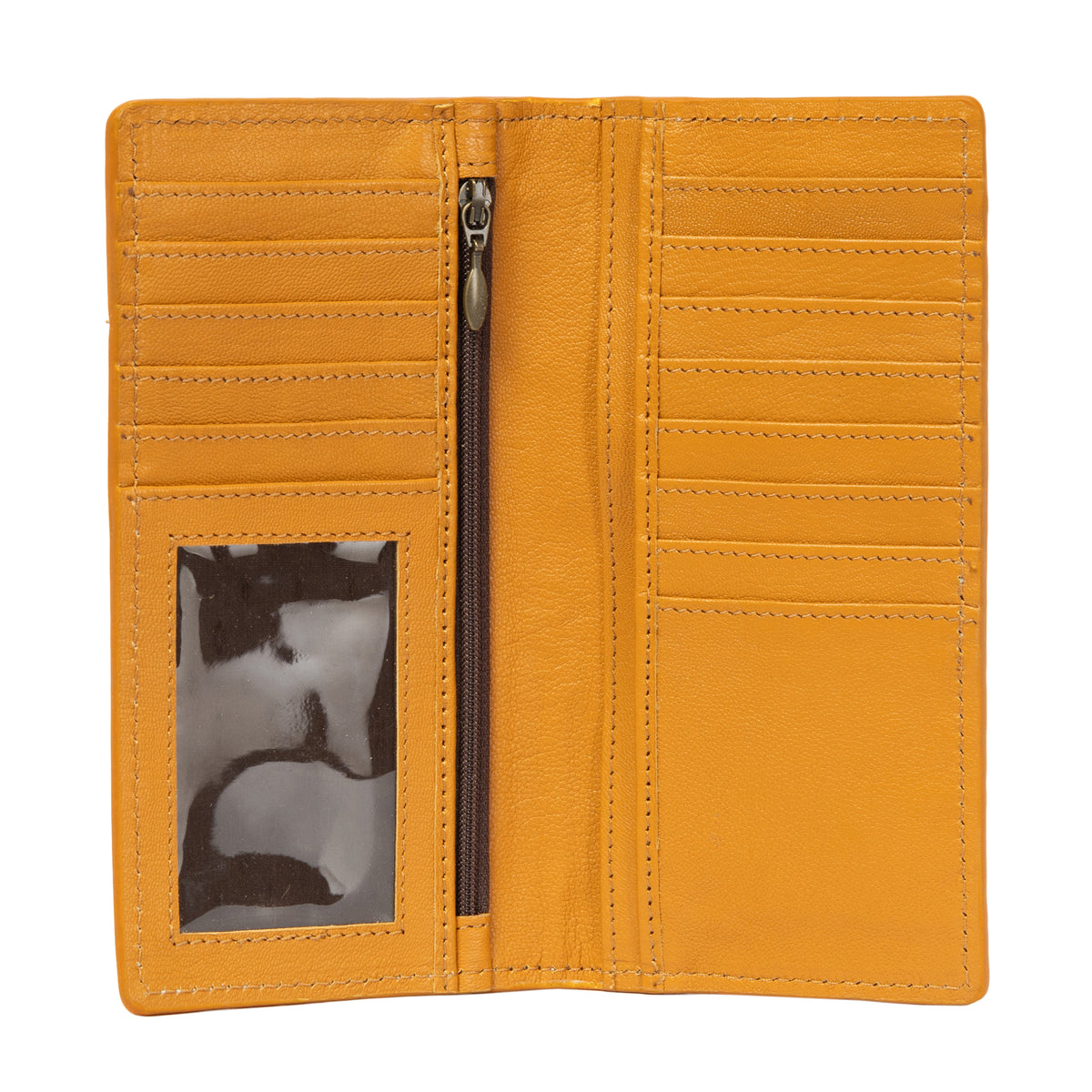 Yellow wallet with card slots and a photo frame on a white background