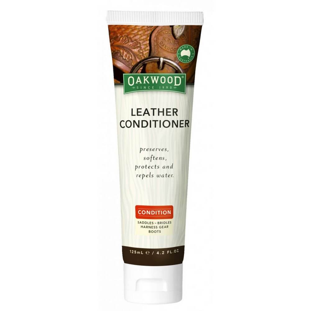 Oakwood Leather Conditioner 125mL. A tube of Oakwood Leather Conditioner with a beige and brown label, indicating that it preserves, softens, protects, and repels water.