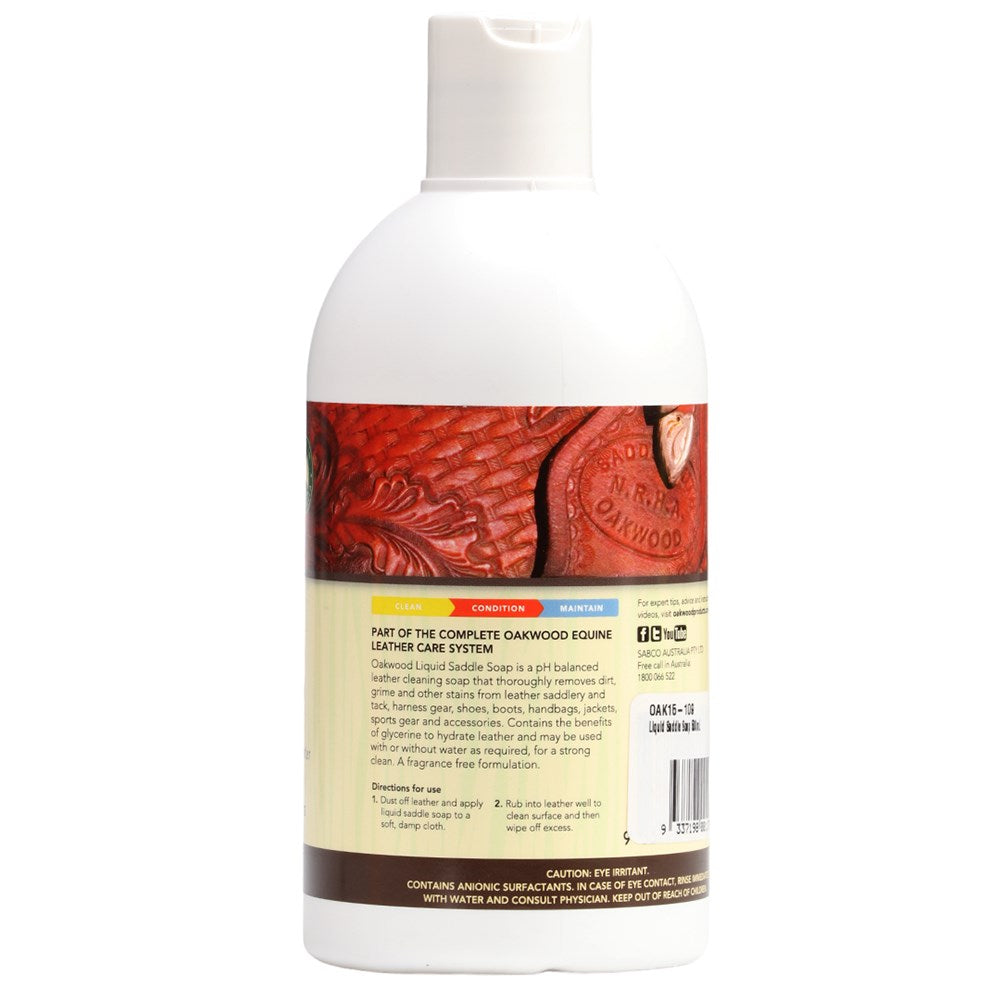 A white plastic bottle of Leather Care System by Leatherworks, showing the back of the label with product details, a red leather graphic, and a barcode on a white background.