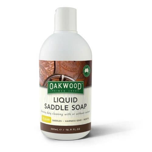 Oakwood Liquid Saddle Soap 500ml. A bottle of Oakwood Liquid Saddle Soap with a label showing a saddle and the brand's logo.