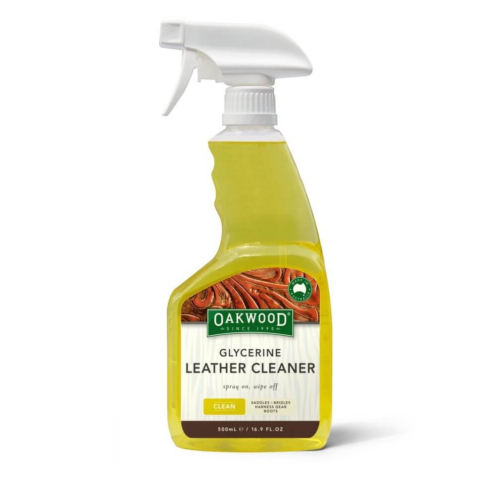 Oakwood Glycerine Leather Cleaner. A spray bottle of Oakwood Glycerine Leather Cleaner with a green label, designed for cleaning leather products.