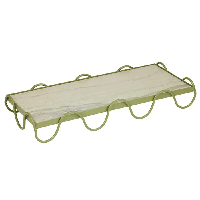 Loren Marbel/ Metal Tray.Tray with green metal frame on a white background